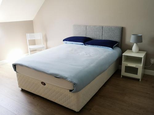 a bedroom with a large bed with blue pillows at Copper Coast Hideaway in Tramore