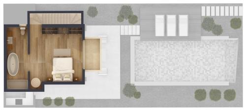 a floor plan of a room with a couch at Kappa Resort in Paliouri