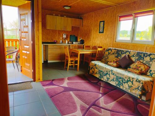 a living room with a couch and a kitchen at Eurostruś - domki, zoo in Borzychy