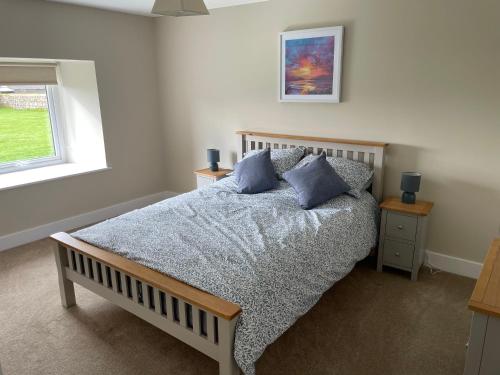 a bedroom with a bed with blue pillows and a window at Teviot Cottage 7 Fenton Hill Farm in Wooler