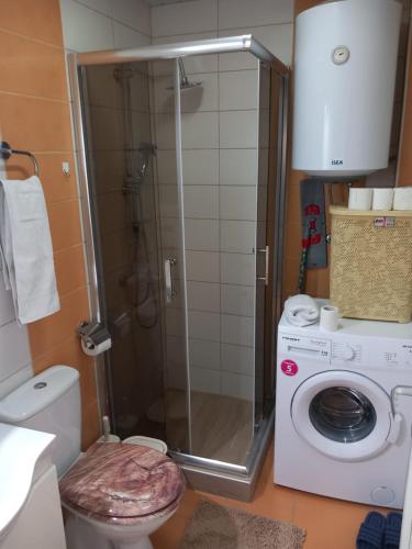 y baño con ducha y lavadora. en City Apartment, en Ohrid