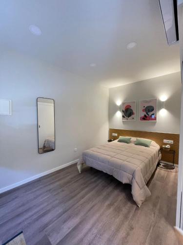 a bedroom with a bed and a mirror on the wall at Centro da Vila in Ponte de Lima