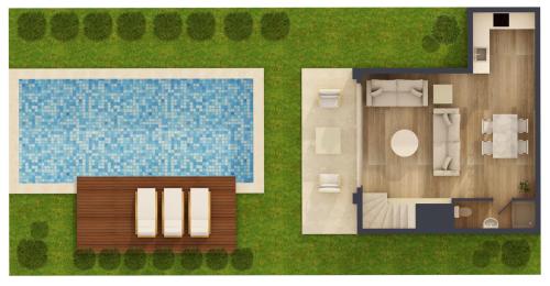 a floor plan of a house with a swimming pool at Kappa Resort in Paliouri