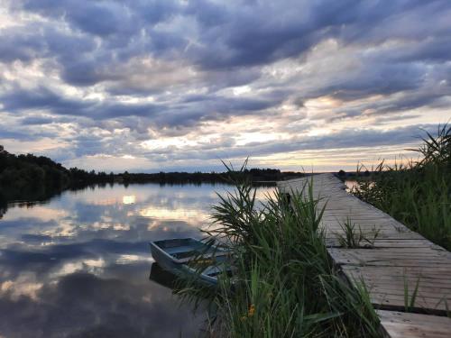 a boat is parked on a dock on a lake at Holiday Home Trnavsko in Bogojina