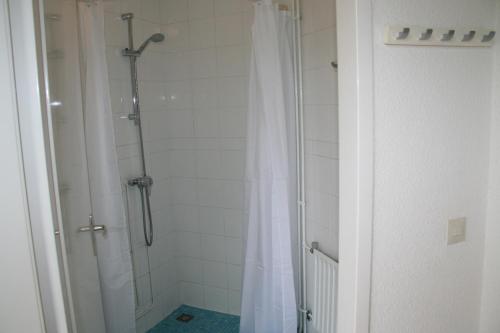 y baño con ducha y cortina de ducha. en Liguster 8 en Nieuwvliet