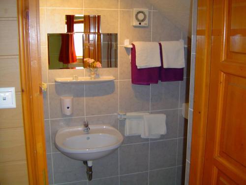 a bathroom with a sink and a mirror and towels at Lunczer Vend&eacute;gh&aacute;z in Mosonmagyar&oacute;v&aacute;r