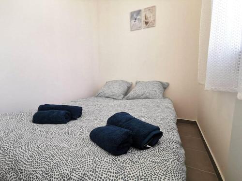 Una cama con dos almohadas azules encima. en Élégant duplex proche du centre-ville en Miramas