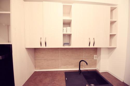 uma cozinha com armários brancos e um lavatório em Blue Tower Apartments em Suceava