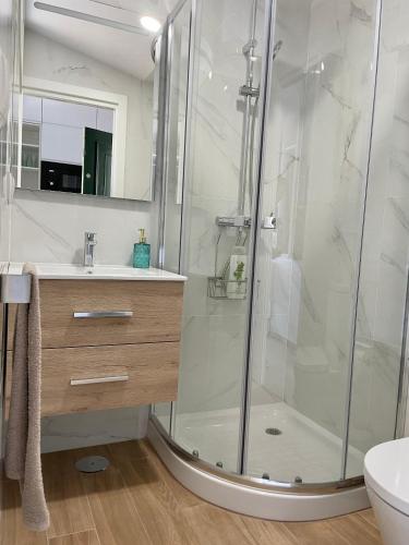 a bathroom with a shower and a sink at Estudio impresionantes vistas con terraza y piscina in Baiona