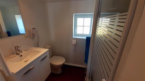 ein Bad mit einem Waschbecken, einem WC und einem Fenster in der Unterkunft La Beuvrequentoise 1 in Beuvrequen
