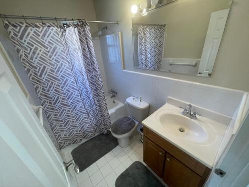 uma casa de banho com um lavatório, um WC e uma cortina de chuveiro. em Spacious 2 bedroom in Chevy chase em Chevy Chase