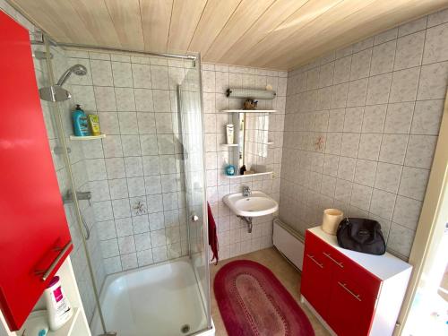 a small bathroom with a shower and a sink at Bungalow mit Pool in Pruchten