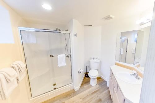 a bathroom with a shower and a toilet and a sink at Park Pointe Lakeside Retreat A101 in Chelan