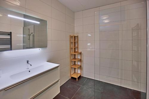 a bathroom with a sink and a mirror at Kustverhuur, Appartement aan zee, Port Scaldis 05042 in Breskens