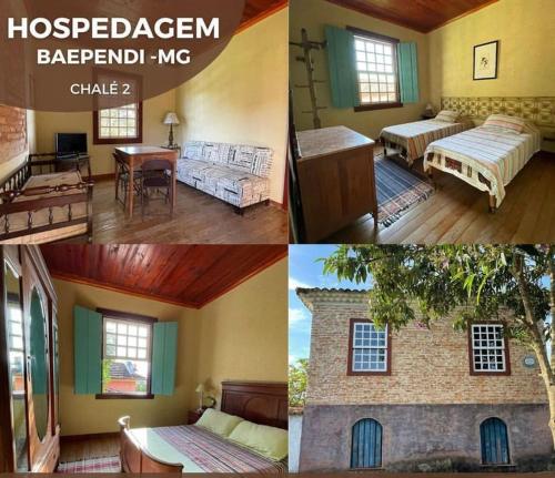 a collage of four pictures of a room with beds at Pousada Condado Santa Maria in Baependi
