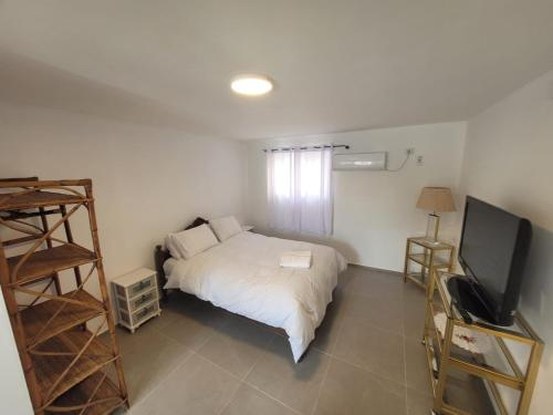 a bedroom with a bed and a flat screen tv at Sea of Galilee place in Tiberias