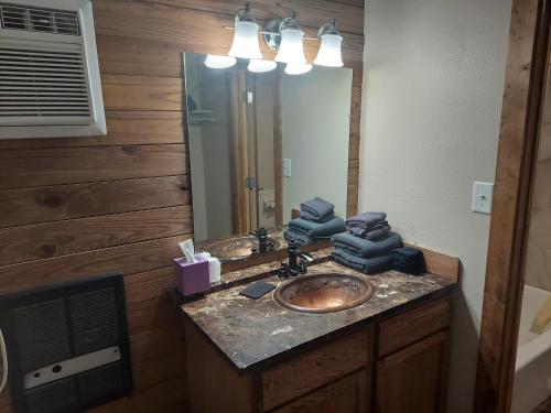 a bathroom with a sink and a mirror at Country Inn of Shelby in Avoca