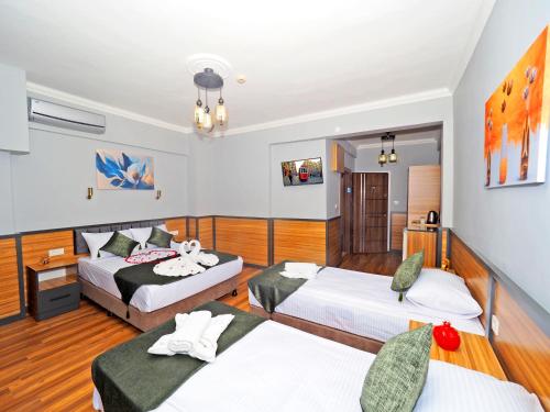 イスタンブールにあるArges old city hotelのベッド2台とバスルームが備わるホテルルームです。