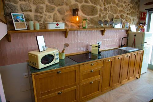 a kitchen with a microwave and a counter with a sink at El Escondite del Agua in Trevejo