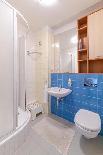 a bathroom with a toilet and a sink and a shower at Strawberry Apartment in Bratislava