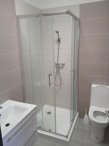 uma casa de banho com um chuveiro, um lavatório e um WC. em Belvárosi Otthon Eger- Munkásszálló em Eger