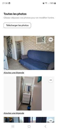 - deux photos d'une chambre avec un lit bleu et d'une chambre dans l'établissement Riviera avec piscine, à La Seyne-sur-Mer
