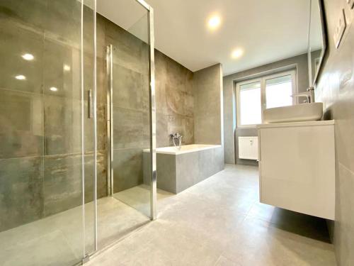 W łazience znajduje się szklana kabina prysznicowa i umywalka. w obiekcie Apartmán Samuel Prievidza w mieście Prievidza