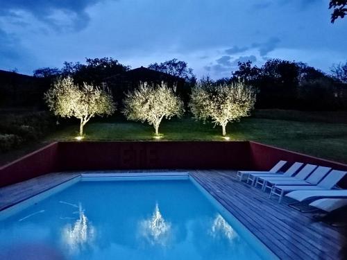- une piscine avec 2 chaises et 2 arbres la nuit dans l'établissement Maison spacieuse avec piscine à Saint-Lager-Bressac, à Saint-Lager-Bressac