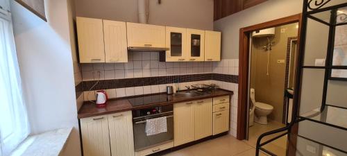 una piccola cucina con armadi bianchi e lavandino di Apartment Old Cracow a Cracovia