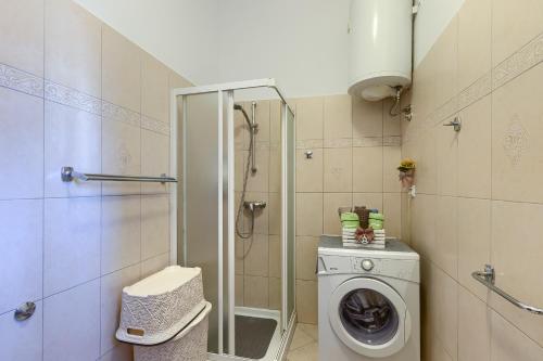 a bathroom with a shower and a washing machine at Aida Pula apartment in Pula