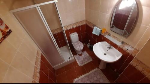 ein Bad mit einer Dusche, einem WC und einem Waschbecken in der Unterkunft Apartments in Eşme