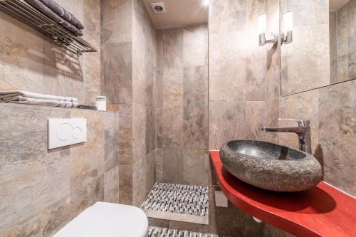 uma casa de banho com um lavatório de pedra e um WC em Gîte Le Jorat - Appartement C em Bogève