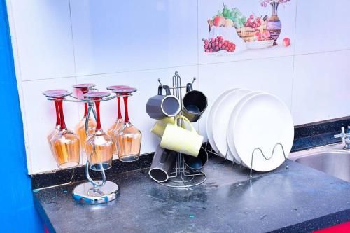 eine Küchentheke mit Küchenutensilien und Flaschen auf der Theke in der Unterkunft Cozier Domicile Apartments in Maragoli