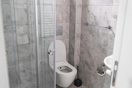 a bathroom with a toilet and a glass shower at QZEN SUİT APART OTEL in Trabzon
