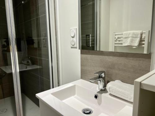 a bathroom with a sink and a shower and a mirror at Charmant studio totalement neuf Beaumont in Beaumont