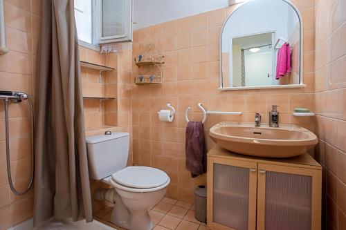 a bathroom with a toilet and a sink and a mirror at Les Tulipes in Carqueiranne