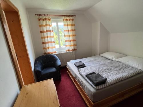 a small bedroom with a bed and a chair at Astoria Inn in Špindlerův Mlýn