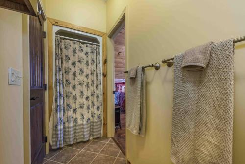 a bathroom with a shower and a shower curtain at Suite Lookout At The Mentone Mountain View Inn in Mentone