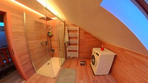 a bathroom with a shower and a washing machine at Monteursunterkunft Egenhofen in Egenhofen