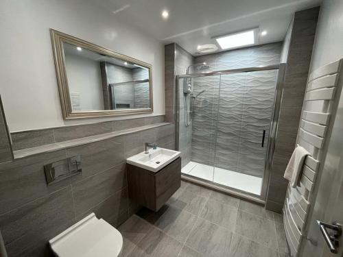 a bathroom with a shower and a toilet and a sink at The Falcon Hotel in Bridgnorth