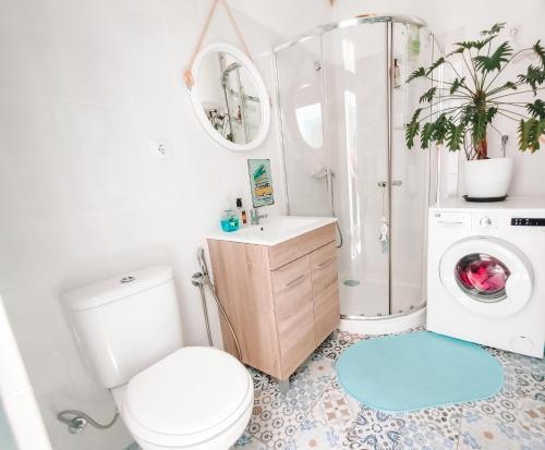 a bathroom with a toilet and a washing machine at Cool Canaria in Agaete