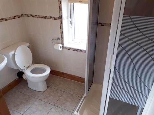 a bathroom with a toilet and a sink and a window at Ashton Beach House in Tramore