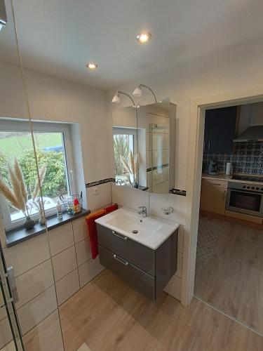 a bathroom with a sink and a mirror at Ferienhaus Wald&Wiese in Wilzenberg-Hußweiler