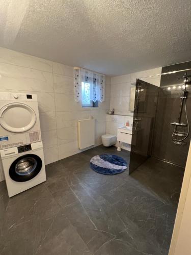 a bathroom with a washing machine and a shower at Ferienapartment Lidia in Kastellaun