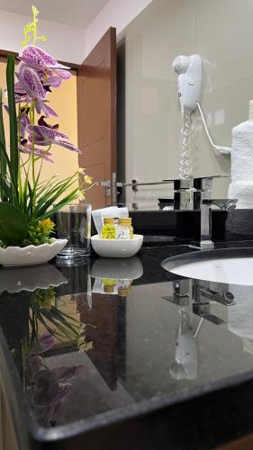 a bathroom counter with a sink and a mirror at Pacifico Apart Hotel in Santa Cruz de la Sierra