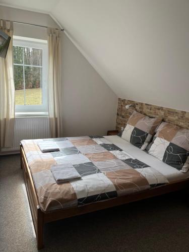 a bed in a room with a large window at Na Planýrce in Paseky nad Jizerou
