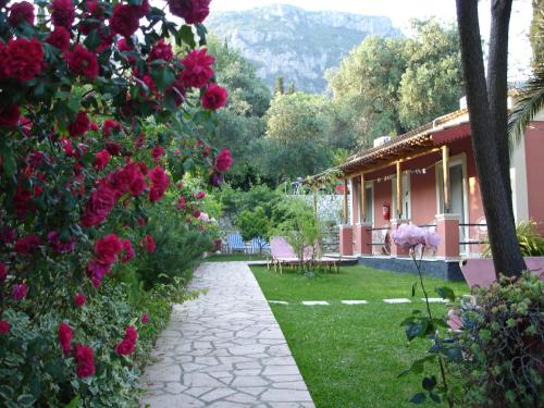 a garden with roses and a house in the background at Bozikis Apartments & Studios in Paleokastritsa