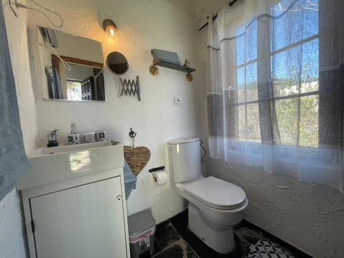 a bathroom with a toilet and a sink and a window at Casa Fidelina II Miraflores de la Sierra in Miraflores de la Sierra