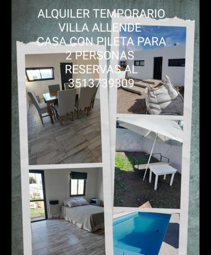 un collage de fotos de una villa con piscina en Alquiler temporario villa allende en Córdoba
