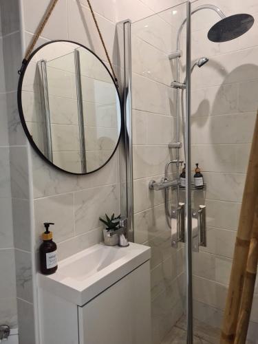 une salle de bain avec une douche, un lavabo et un miroir dans l'établissement Cosy studio VIEUX NICE à 2 pas de la MER, à Nice